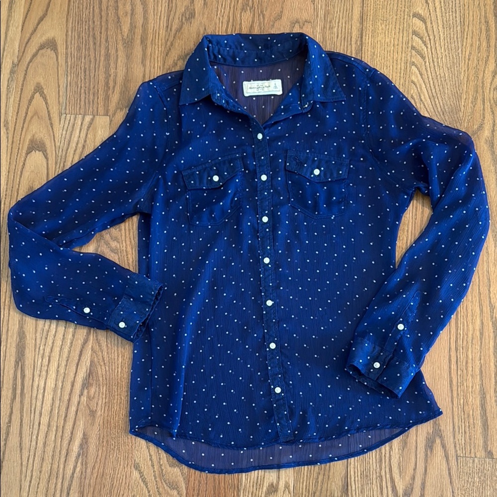 A&F sheer Navy Blue Polka Dot Shirt